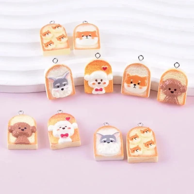 10Pcs Cute Toast Dog Resin Pendants Cartoon Animal Charms DIY Craft Supplies For Earrings Keychains Fashion Jewelry Decor