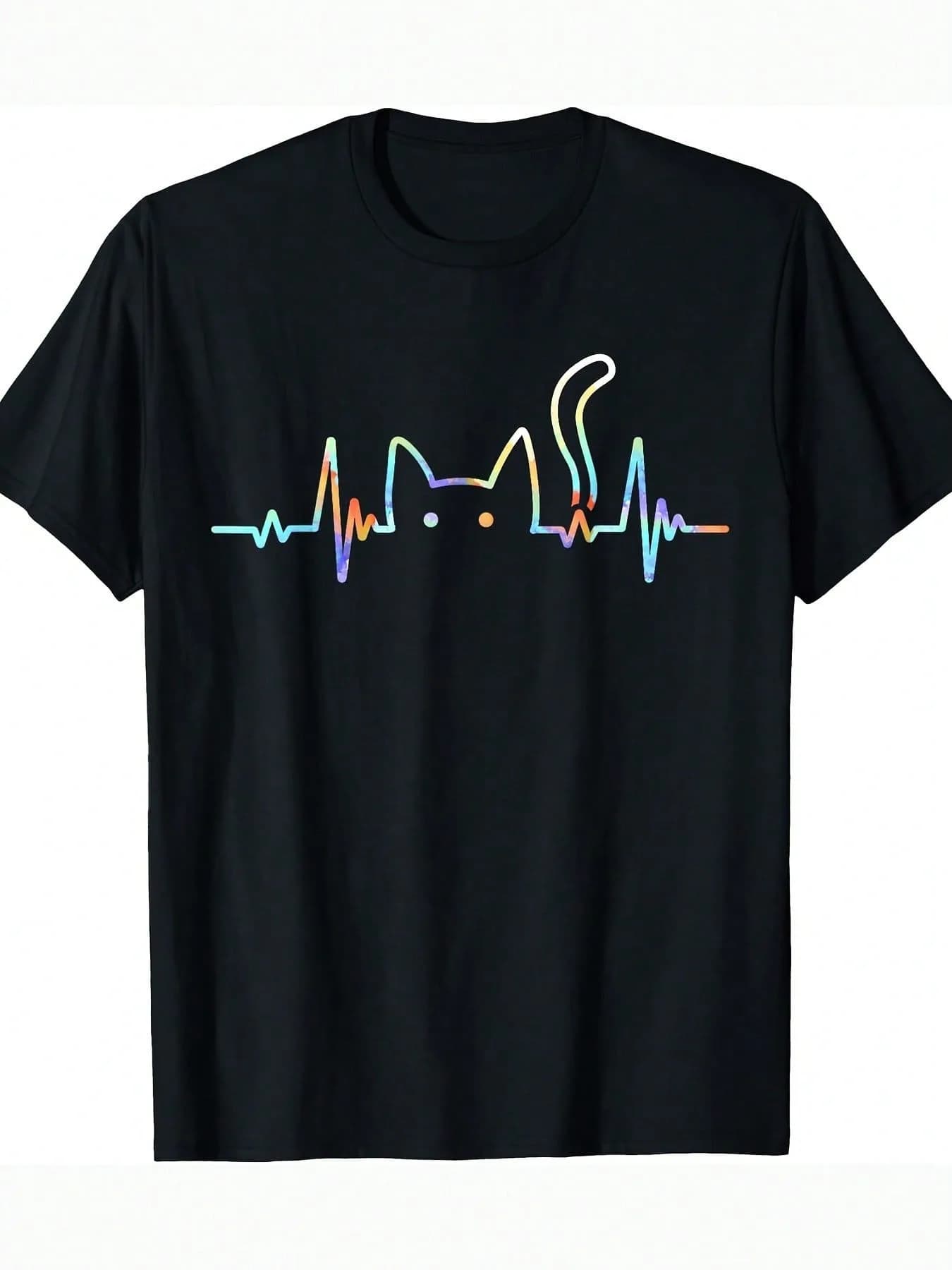 T-shirt per gatti in cotone morbido T-shirt grafica per gatti con battito cardiaco da uomo T-shirt per gatti con grafica per feste casual ed elegante girocollo a maniche corte