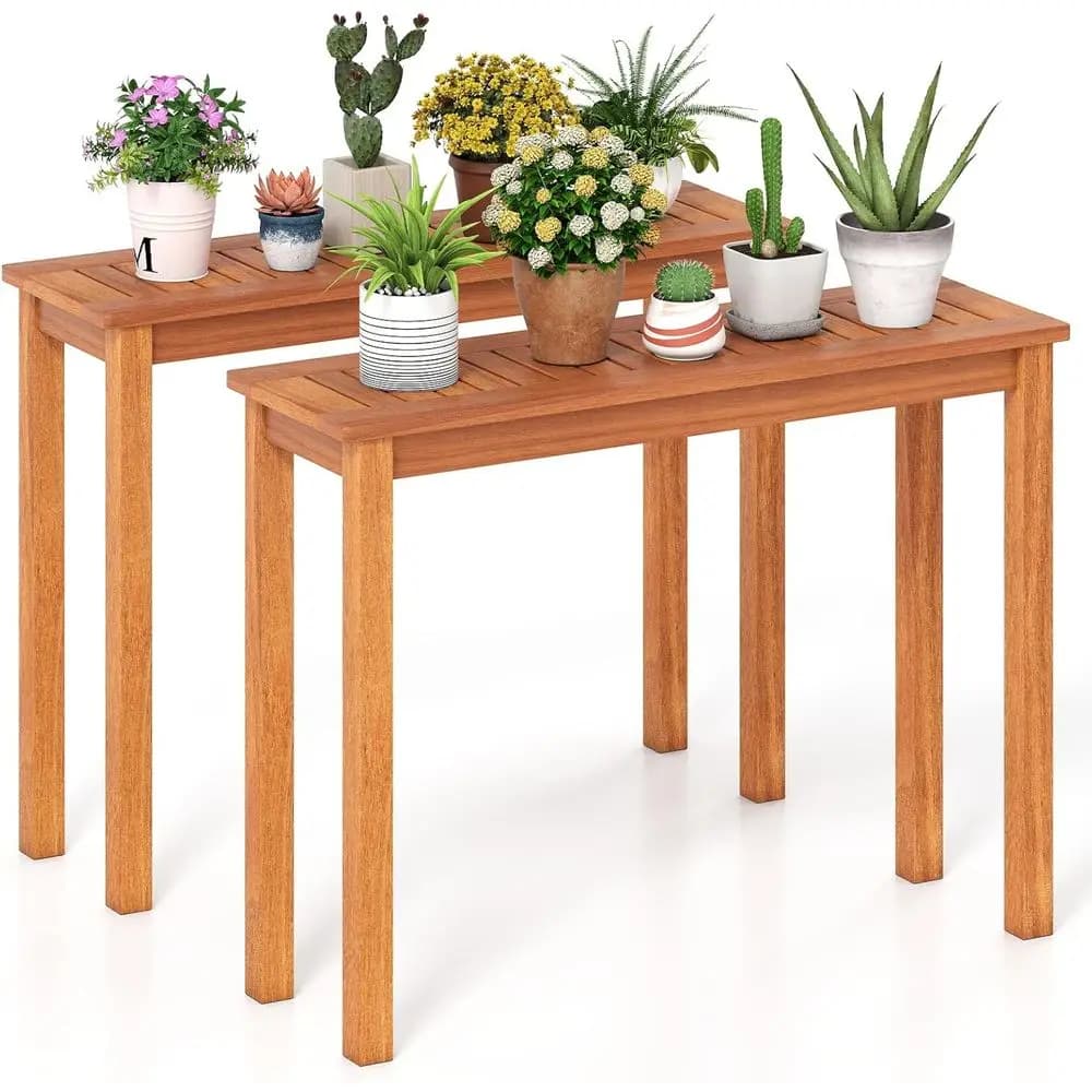 Solid Wood Plant Stand - Indoor/Outdoor, Teak Oil Finished, Slatted Top for Pots, Rustic Rack for Garden, Porch, Entryway