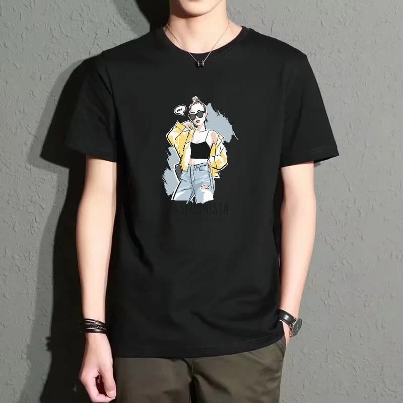 Men's Black Round-Neck Short-Sleeved T-Shirt, Fashionable Character Print Loose Top, Street Fashion Casual Versatile, Comfortable and Breathable for Everyday Wear, Polyester Fabric