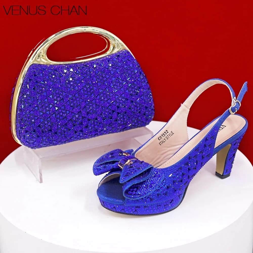 Nuovi Arrivi 2026: Set Scarpe e Borsa Africane con Strass, Colore Blu, Punta Aperta, Comode Scarpe con Tacco da Donna