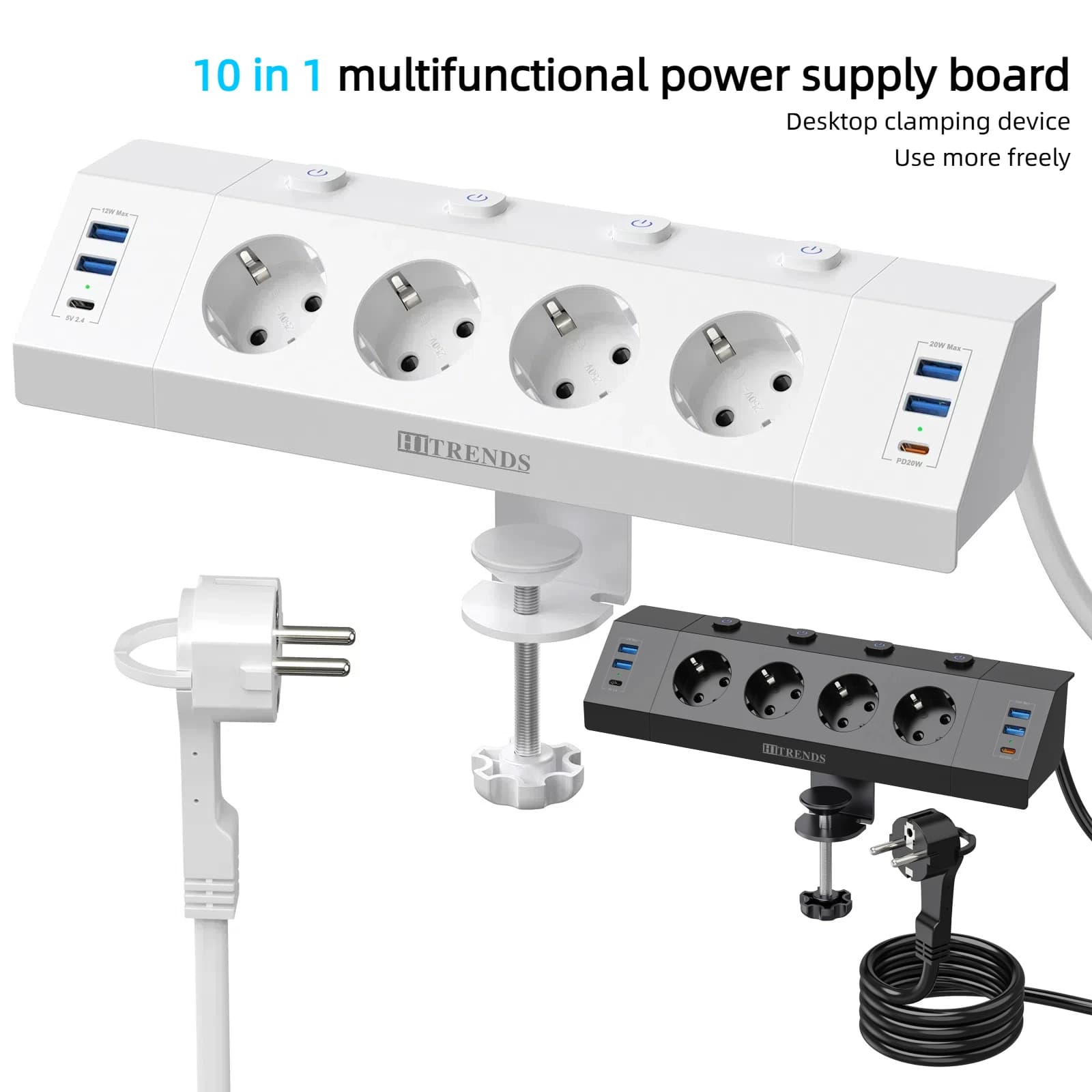 Spina UE Scheda di alimentazione multifunzione 2 USB-A e 2USB-C Adattatori di alimentazione a ricarica rapida Cavo di prolunga da 2 m Interruttore indipendente Bianco