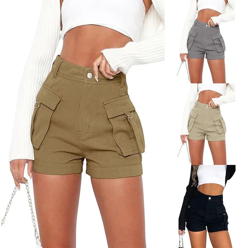 Women's high waisted fashionable personalized stretch casual denim workwear pocket shorts