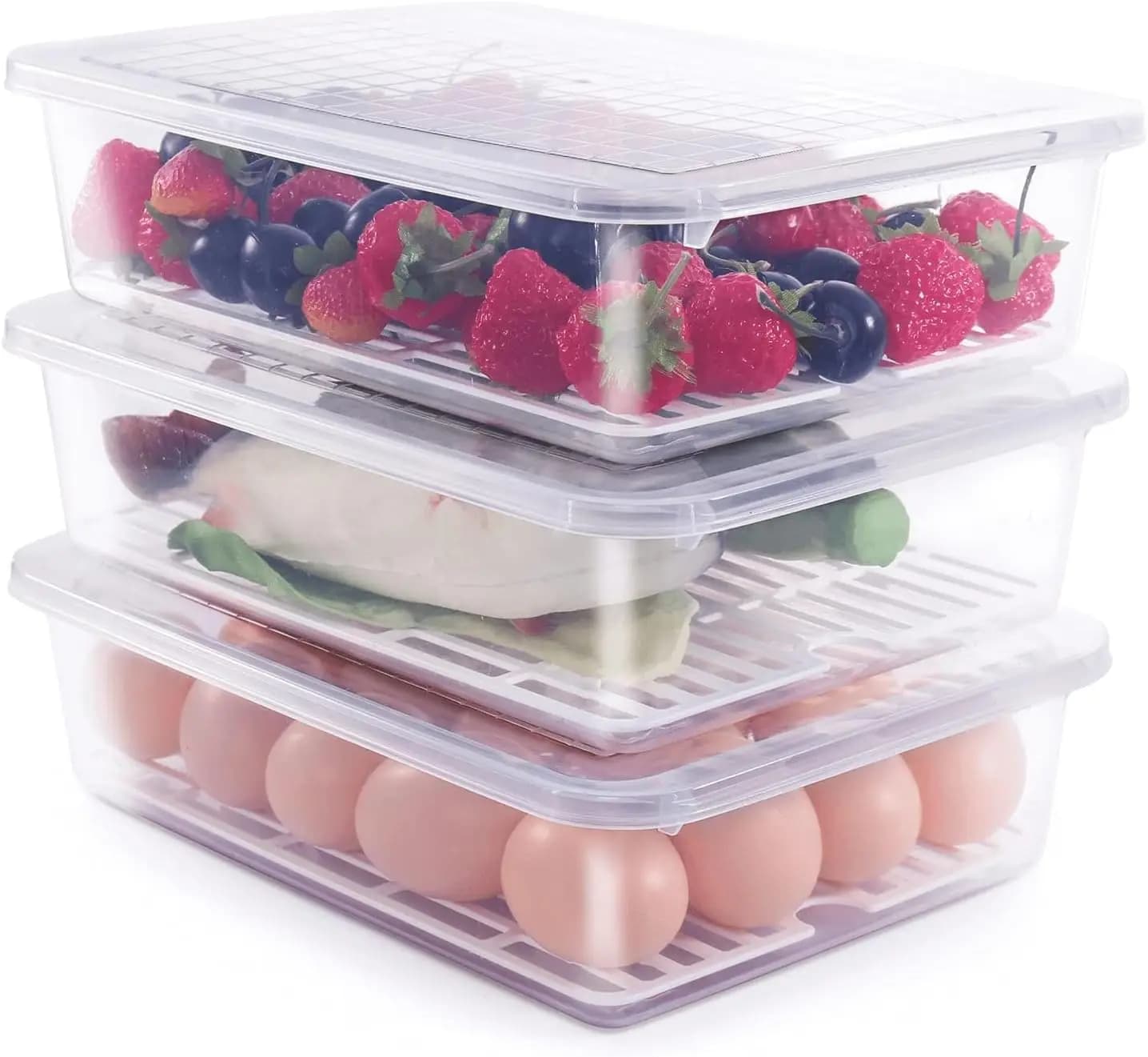 Food container, (package 3) Plastic food containers with removable drainage plate and lid, portable stackable freezer containers