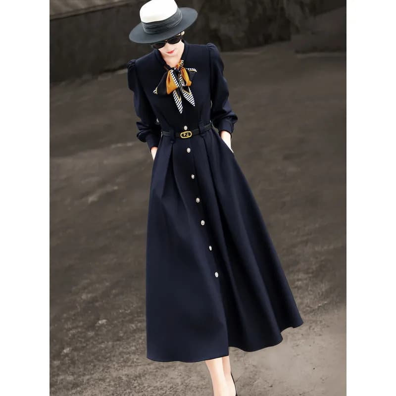 MEXCOCO Women Spring Autumn Elegant Commuter Dress, Scarf Collar Single Breasted Long Sleeve High Waist Slim Office Midi Dress