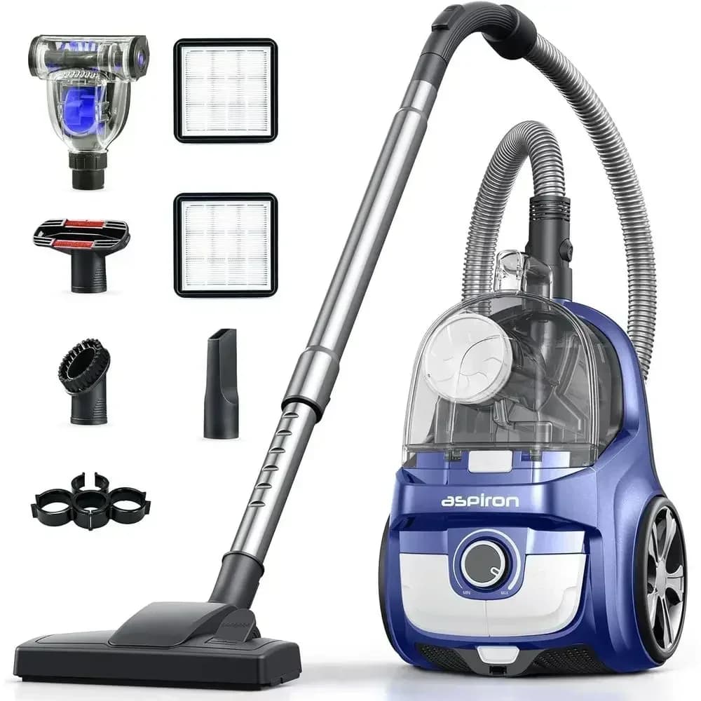 Powerful 1600W Navy Vacuum Cleaner with 40kPa Suction, 4QT Dust Cup, Double HEPA Filter, 5 Attachments