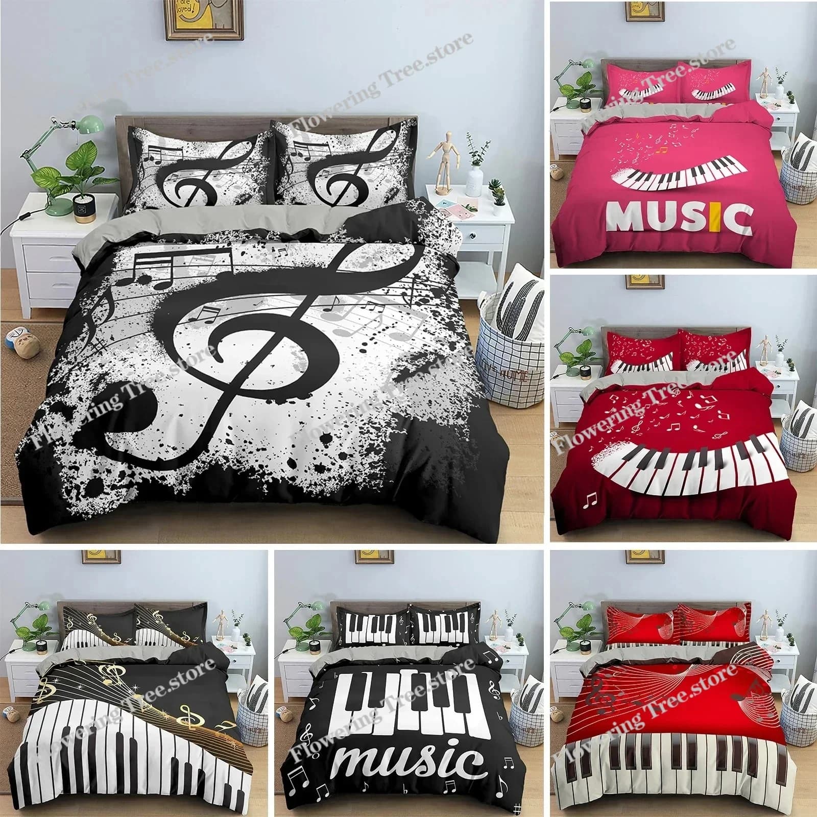 Music Bedding Set Piano Keyboard Music Note Duvet Cover Queen Size Bed Linen Comforter Microfiber Guitar Polyester Bedding Sets