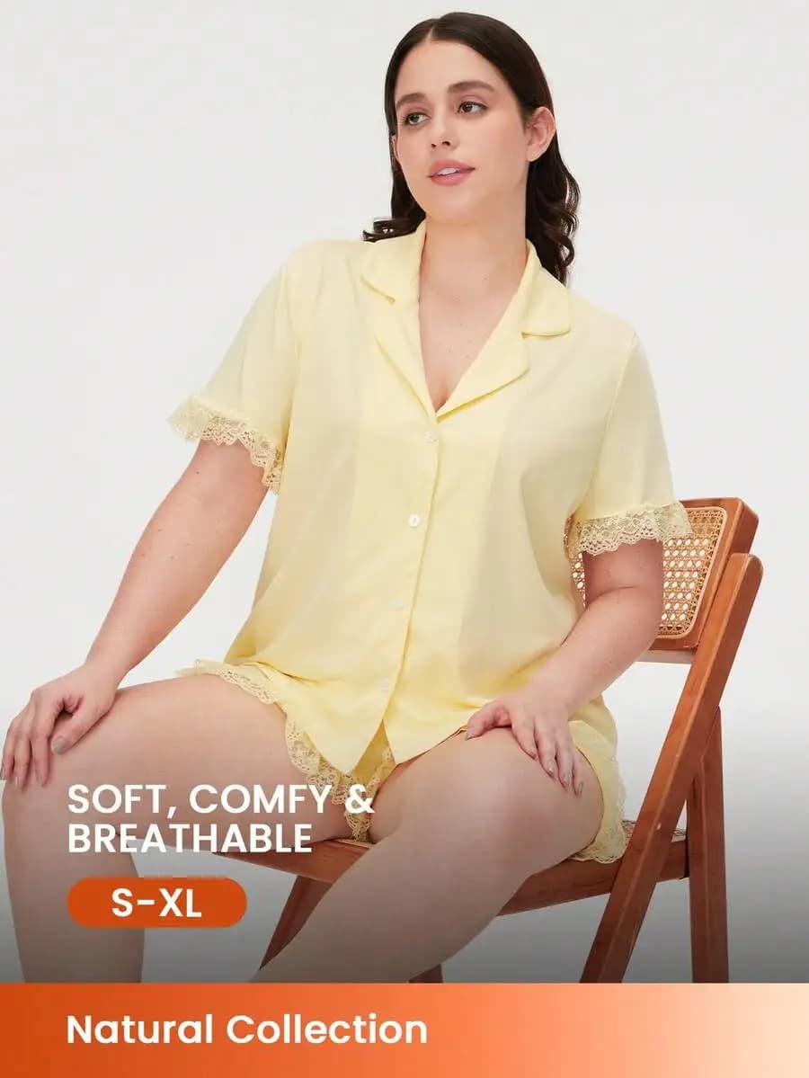 Yellow Cotton Button-Up Pajama Top with Lace Trim, Short Sleeve, Soft Comfortable Sleepwear