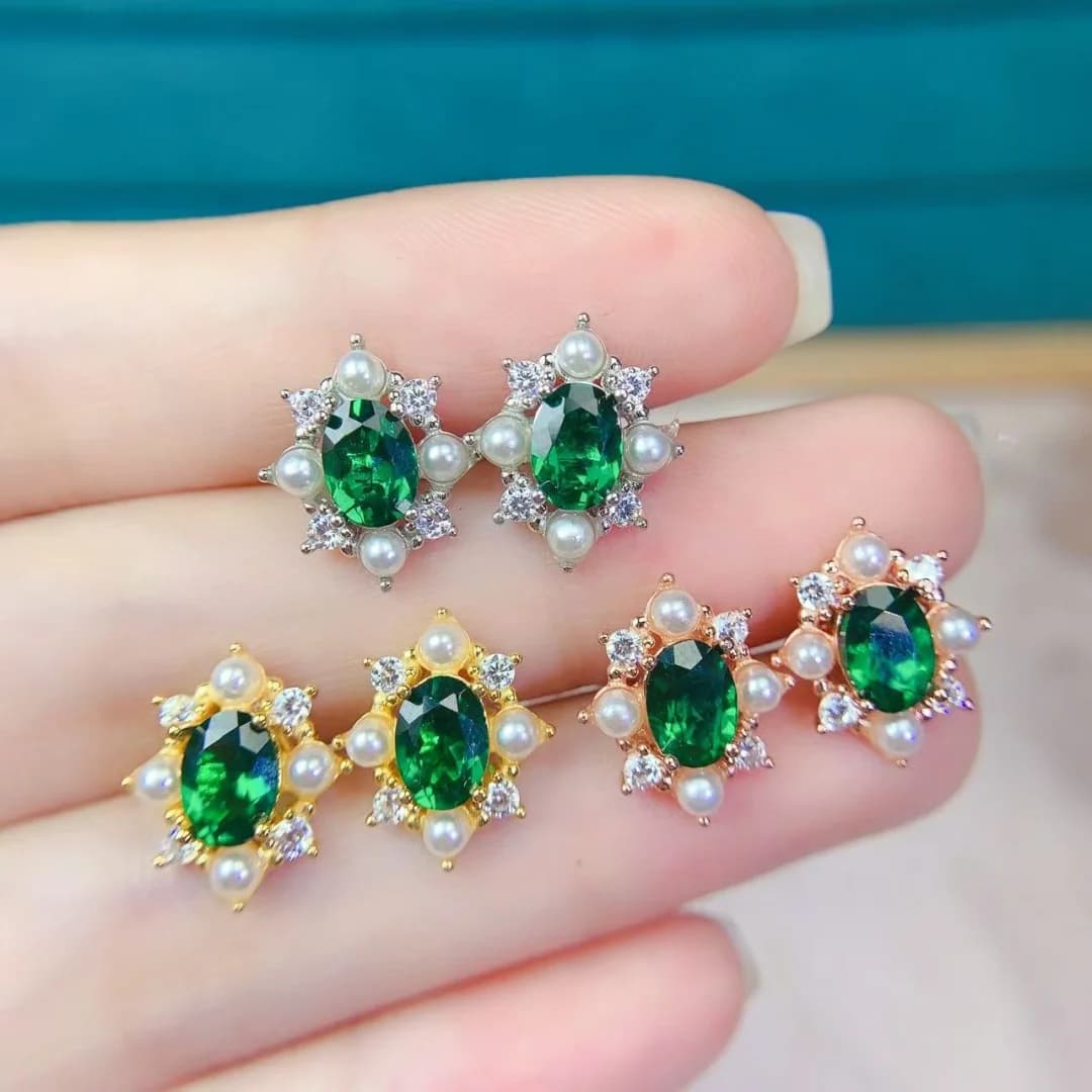 Lussuosi orecchini a bottone con diopside naturale ipoallergenici in argento S925 da donna, gioielli chic ed eleganti, regalo elegante