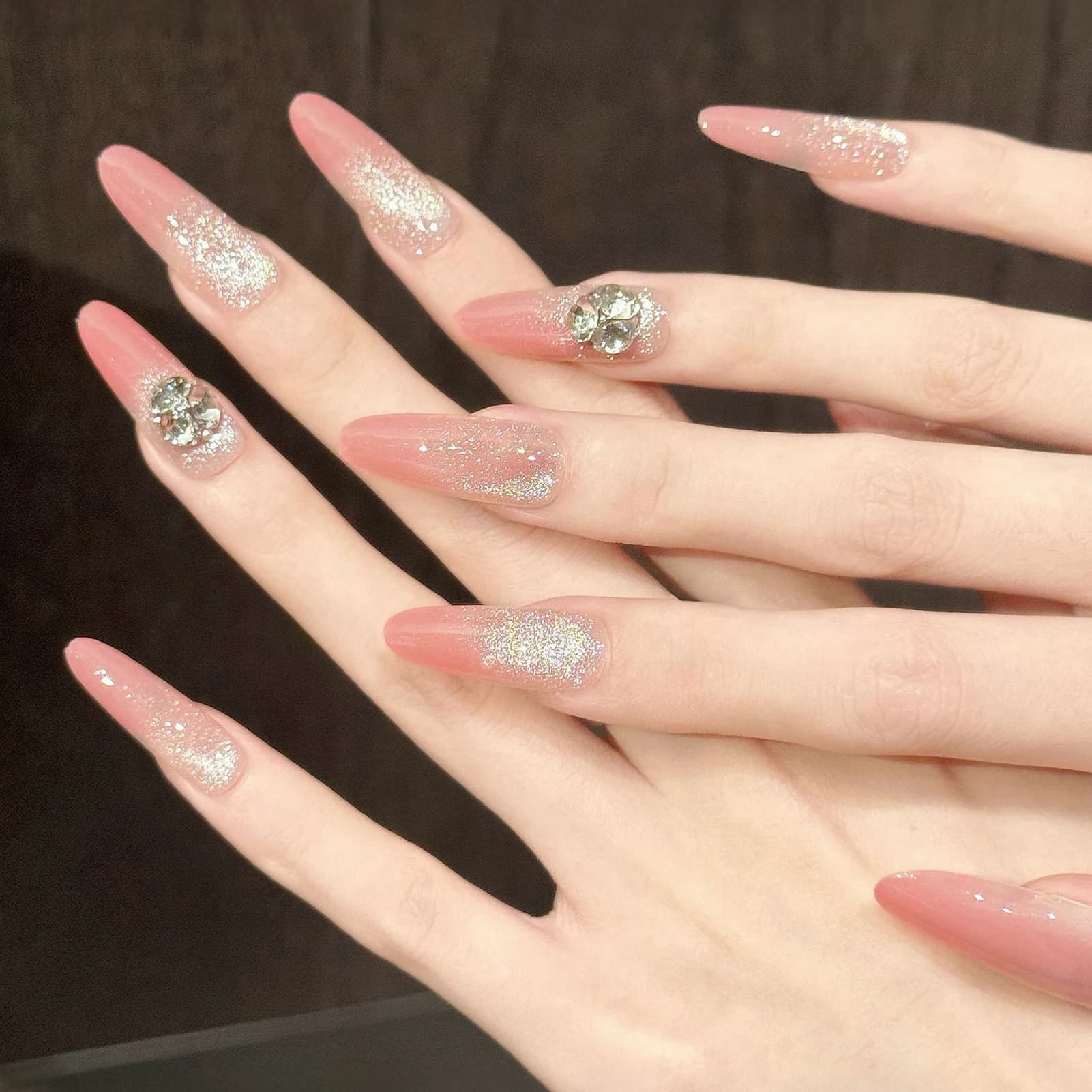 Light Luxury Press On Nails Long Oval Pink Flash Gradient Handmade False Nail Tips For Wedding Party Reusable Cat's Eye Nail Art