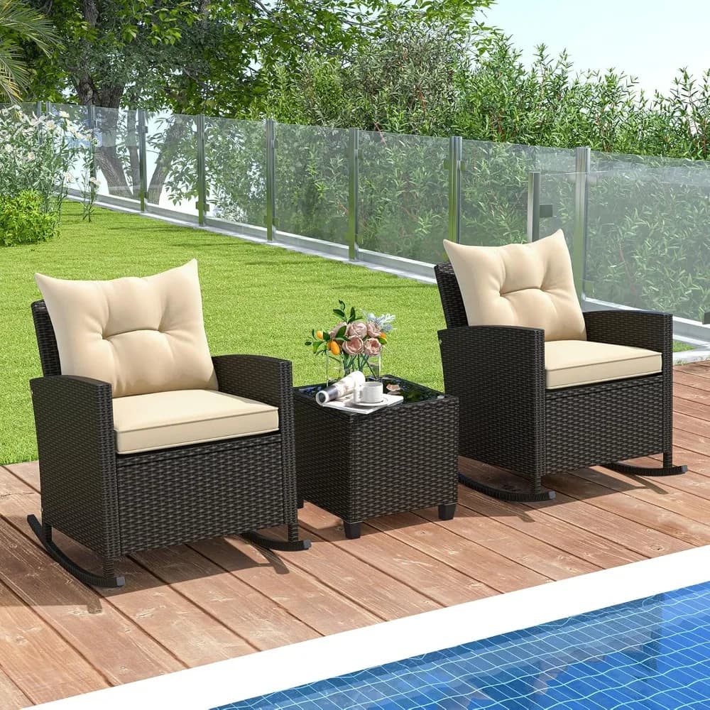 ORALNER Set of 3 piece garden furniture, outdoor shower chairs in wicker with soft cushions, glass table, rattan conversation