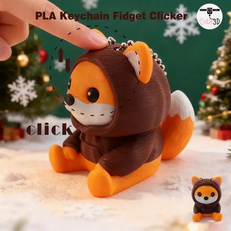 Fox Hoodie Fidget Keychain 3D Fidget Clicker Play Toy Keychain, Durable 3D Printed Pocket Accessory, Stress Relief Keyring for