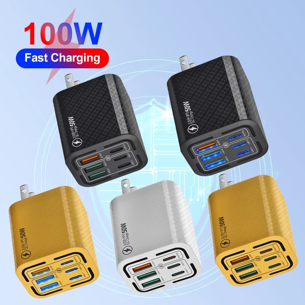 Adattatore da muro per caricabatterie 3PD + 3USB QC 3.0 Caricabatterie per telefono a ricarica rapida totale 100W Spina UE/USA per IPhone 15 Samsung Xiaomi Huawei