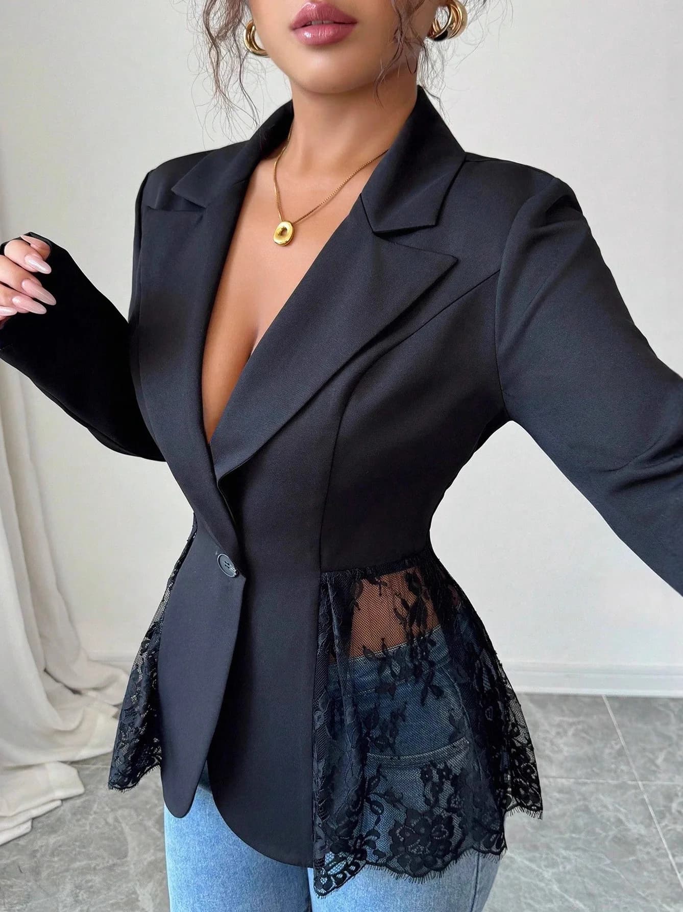 Nuova Elegante Giacca da Donna in Pizzo Bicolore, Design Slim Fit con Vita Stretta, Maniche Lunghe in Fibra di Poliestere, Collezione Primavera
