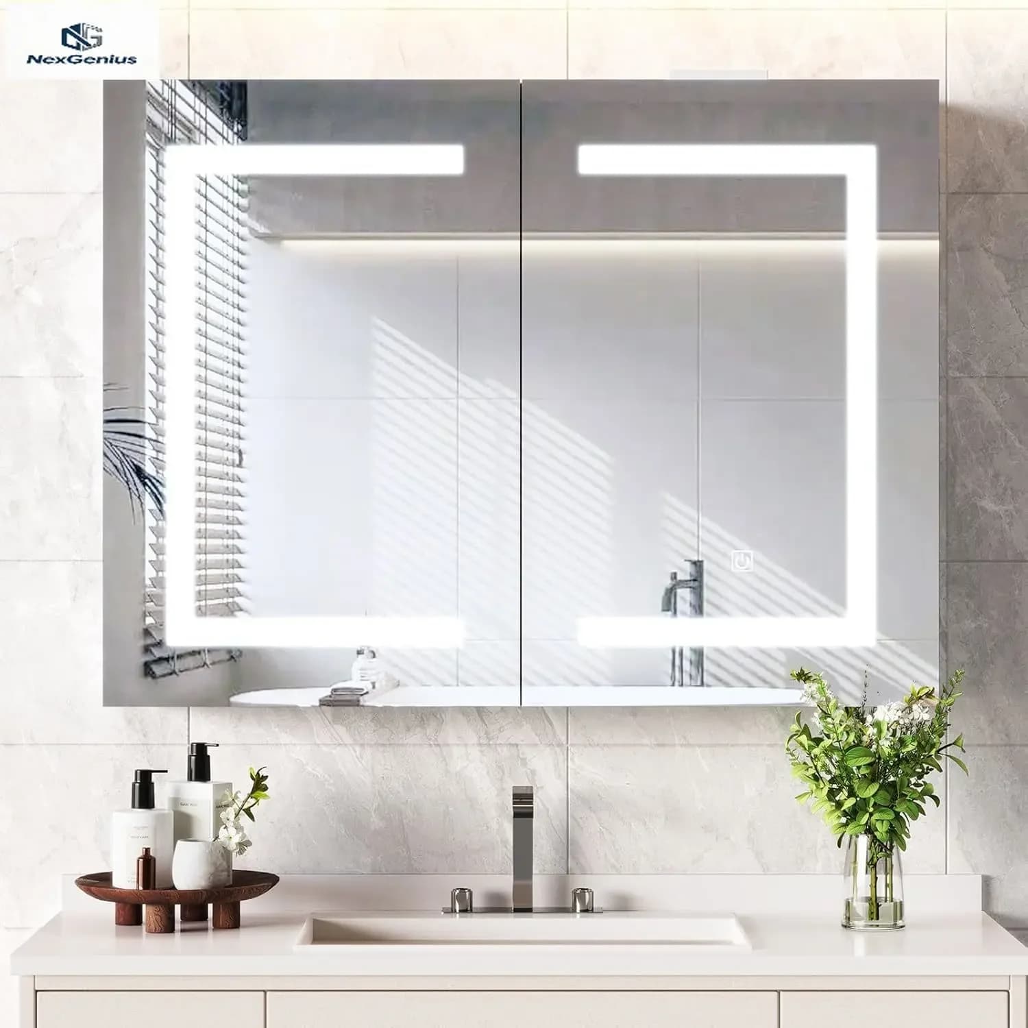 Wall Mounted Bathroom Mirror Cabinet With Led Lights Storage Power Outlets Dimmable Three Color Temperature Anti Rust Easy Insta