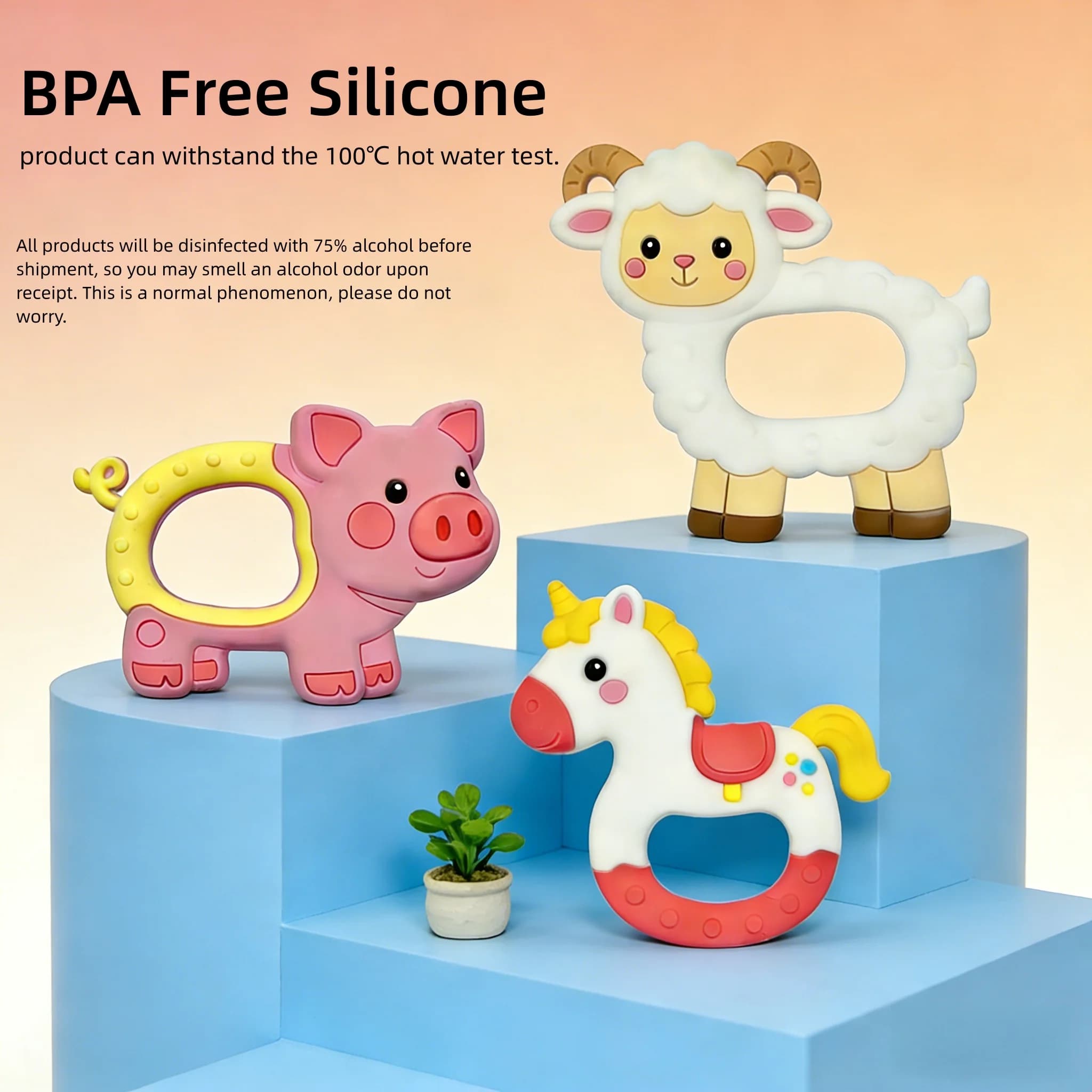 Massaggiagengive per Neonati da 0 a 6 Mesi, Senza BPA, Giocattolo da Masticare in Silicone, Catena per Ciuccio con Motivi Animali Cartoon