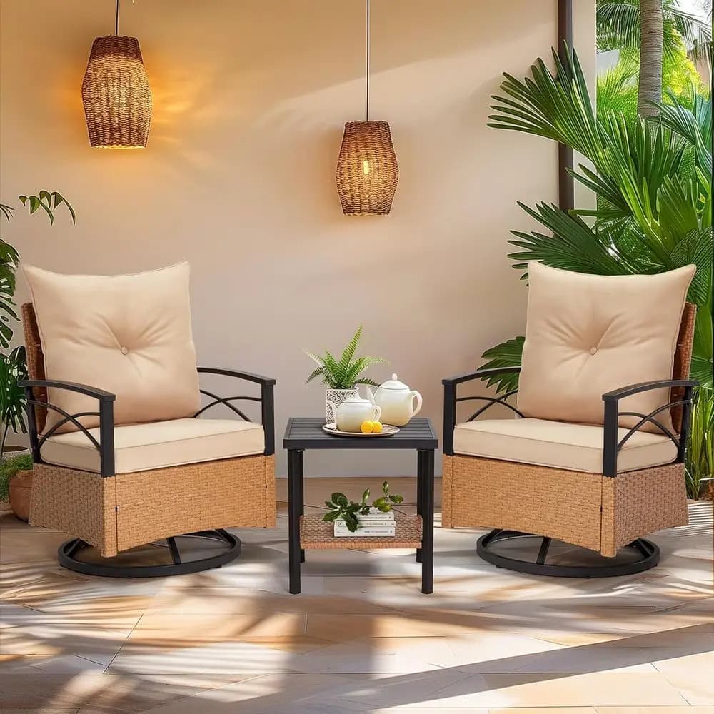 Set di Sedie Girevoli da Esterno Beige con Cuscini e Tavolino a 2 Ripiani per Patio, Giardino, Balcone