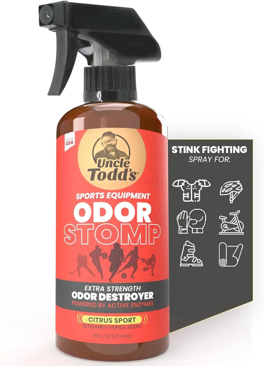 Spray Elimina Odori per Attrezzature Sportive Extra Forte con Enzimi - Profumo Agrumato per Calcio, Hockey, Borse da Palestra - 16oz