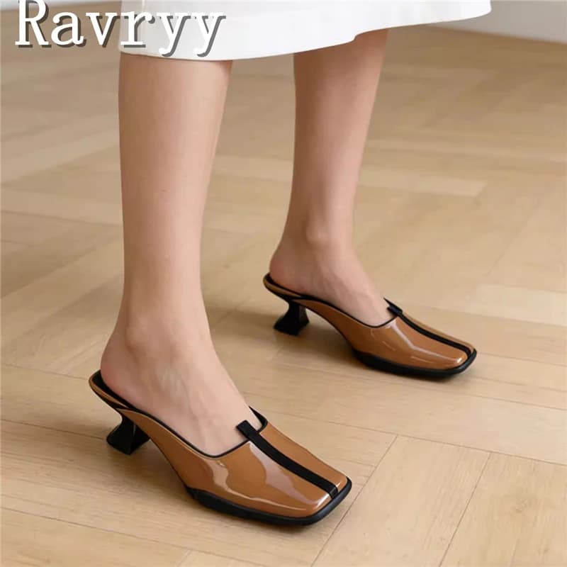 Fashion Women's Brown Patent Leather Mules Square Toe Mid Heel Slides Elegant Party Office Dress Shoes