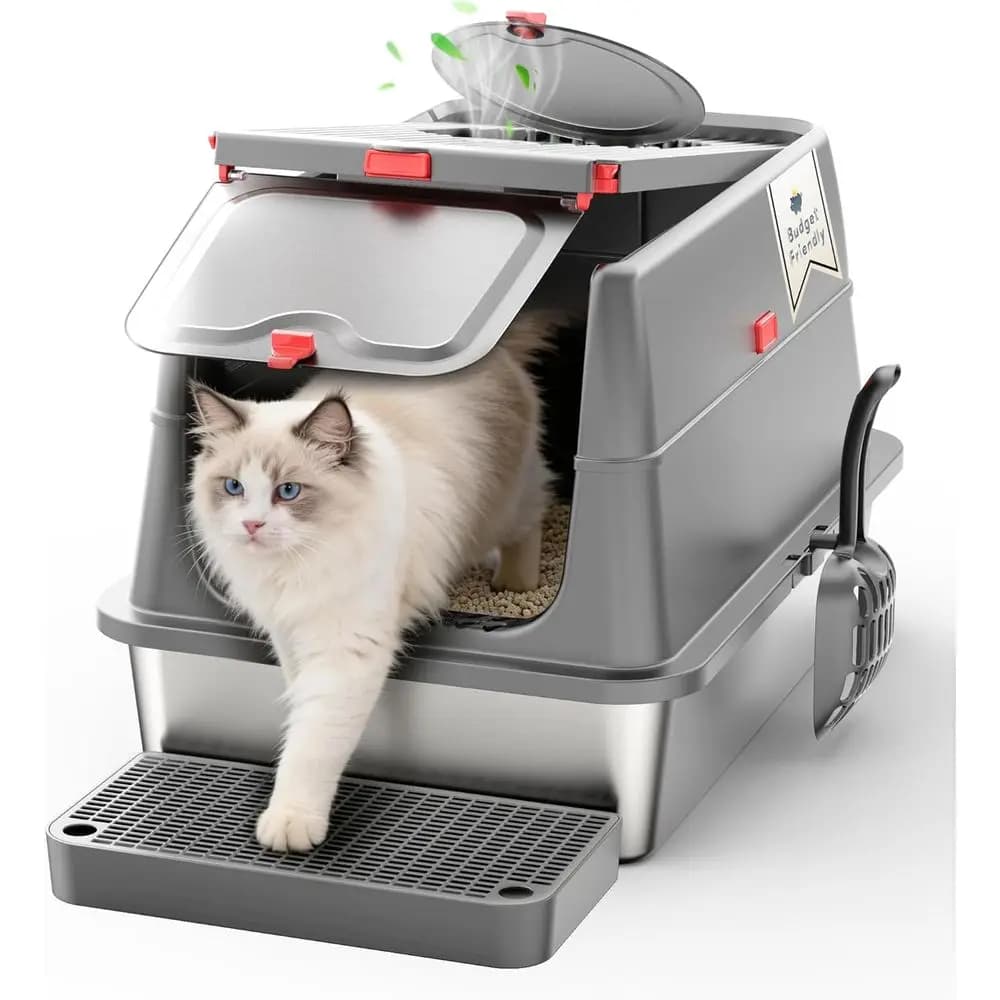 Lettiera per Gatti Extra Large Chiusa in Acciaio Inossidabile con Triplo Pedale, XL Grigia