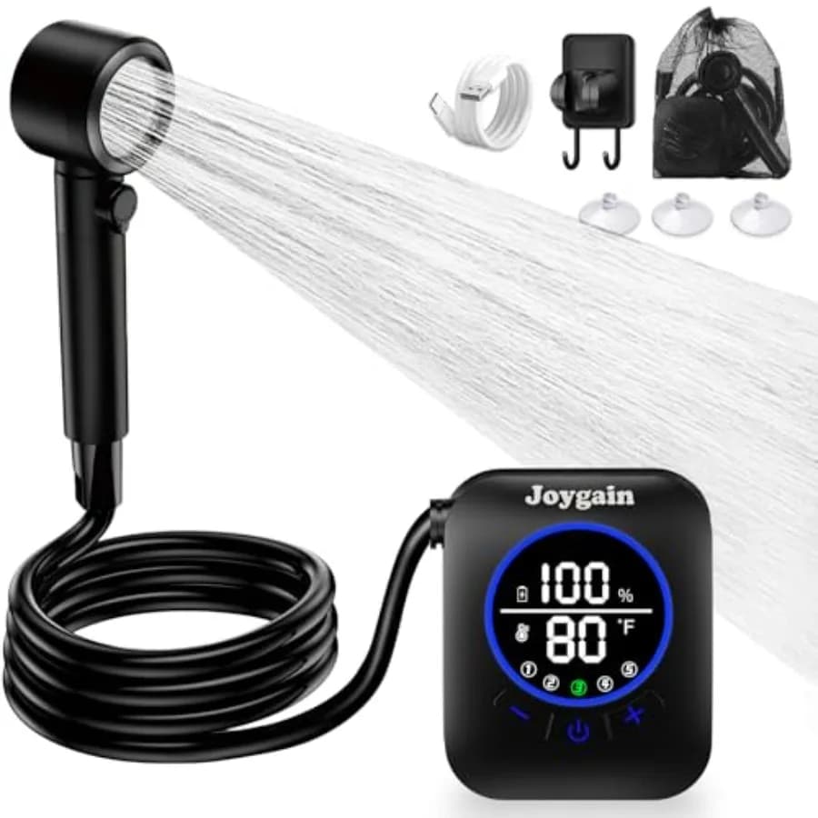 Doccia da Campeggio Portatile con Batteria Ricaricabile da 8000mAh - Pompa Doccia Leggera per Esterni con Tubo da 2,5m, Gancio e Ventosa