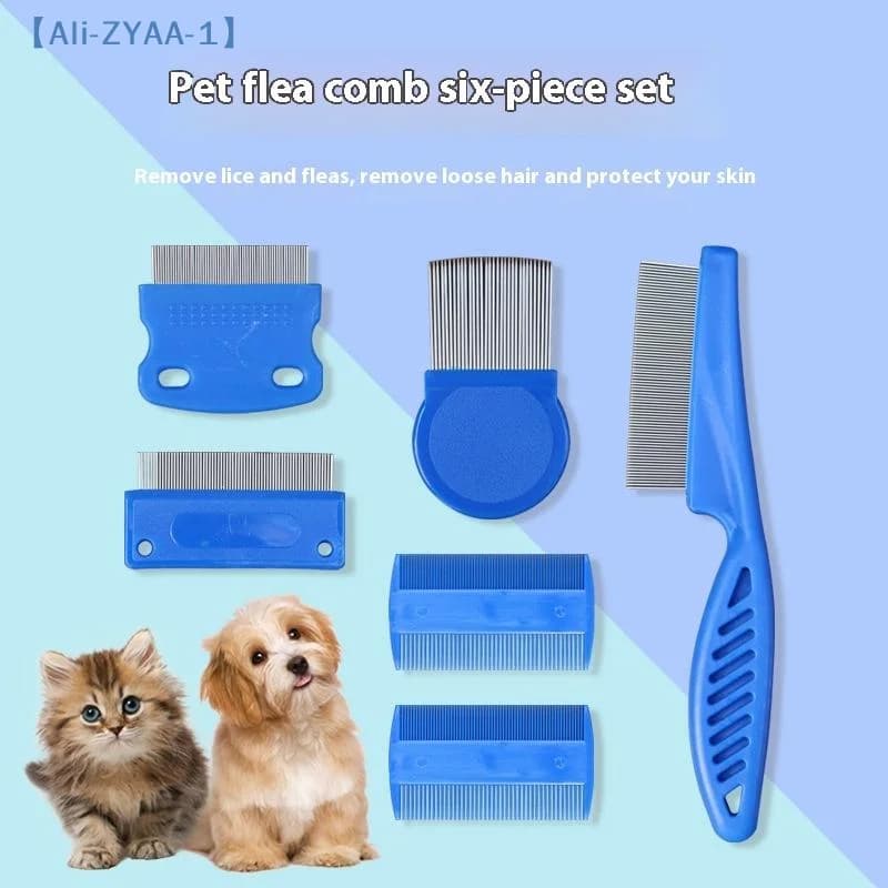 【ZYAA-1】Set da 6 pezzi Pettine per pulci per animali domestici in acciaio inossidabile, Pettine per pidocchi a denti fini, Pettini per toelettatura cani e gatti, Strumento sciogli-nodi