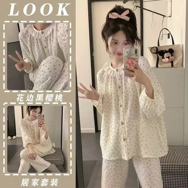 Women Spring Autumn Lace Collar Long Sleeve Pajamas Girls Ladies Soft Homewear Two-Piece Set Teen Loungewear Relaxed Casual Set