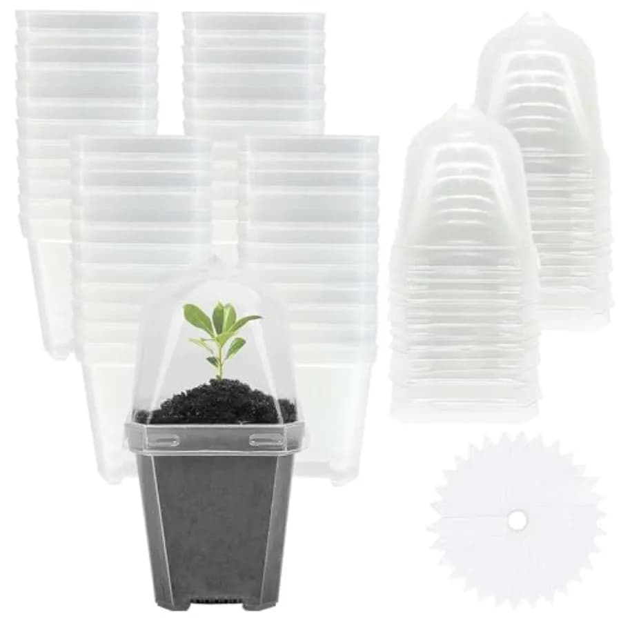 50 Pcs Clear Plant Nursery Pots with Humidity Dome-" Reusable Plastic Gardeng Pot with Labels-Small Seed Startg Pots for Seedlg
