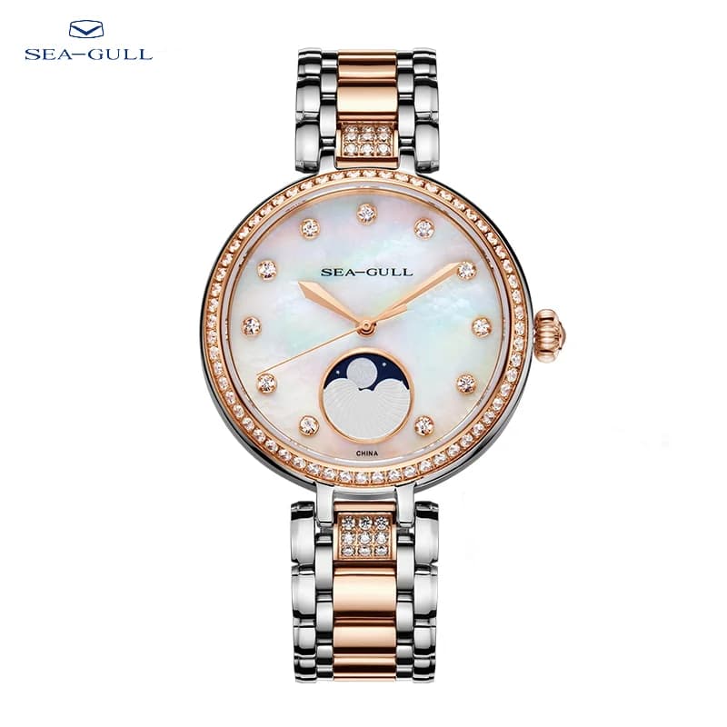 Seagull Women Watch Luxury Moon Phase Diamond MOP Mother of Pearl Dial Fashion Automatic Mechanical Watches High Quality 6135L