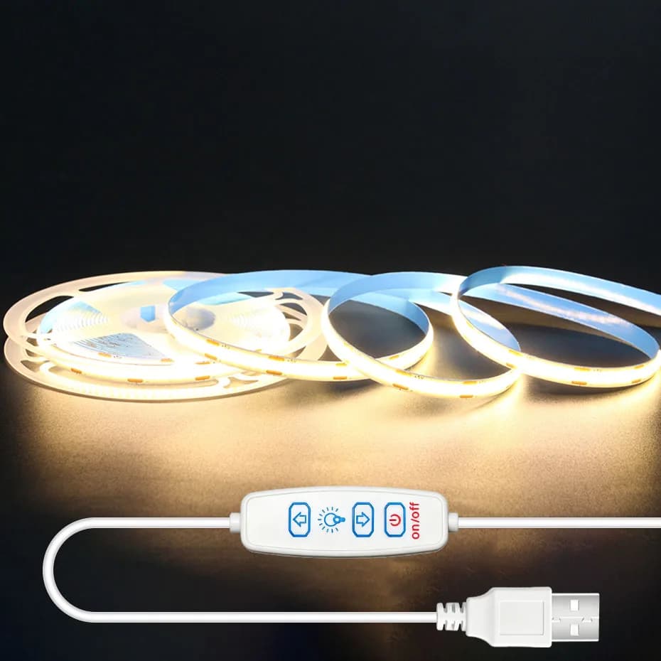 COB LED Strip 5V USB 320LEDs/m 3Key Dimmer 1m-5m 8mm High Density Flexible Tape Adhesive for TV Room Kitchen Stairs Shelf