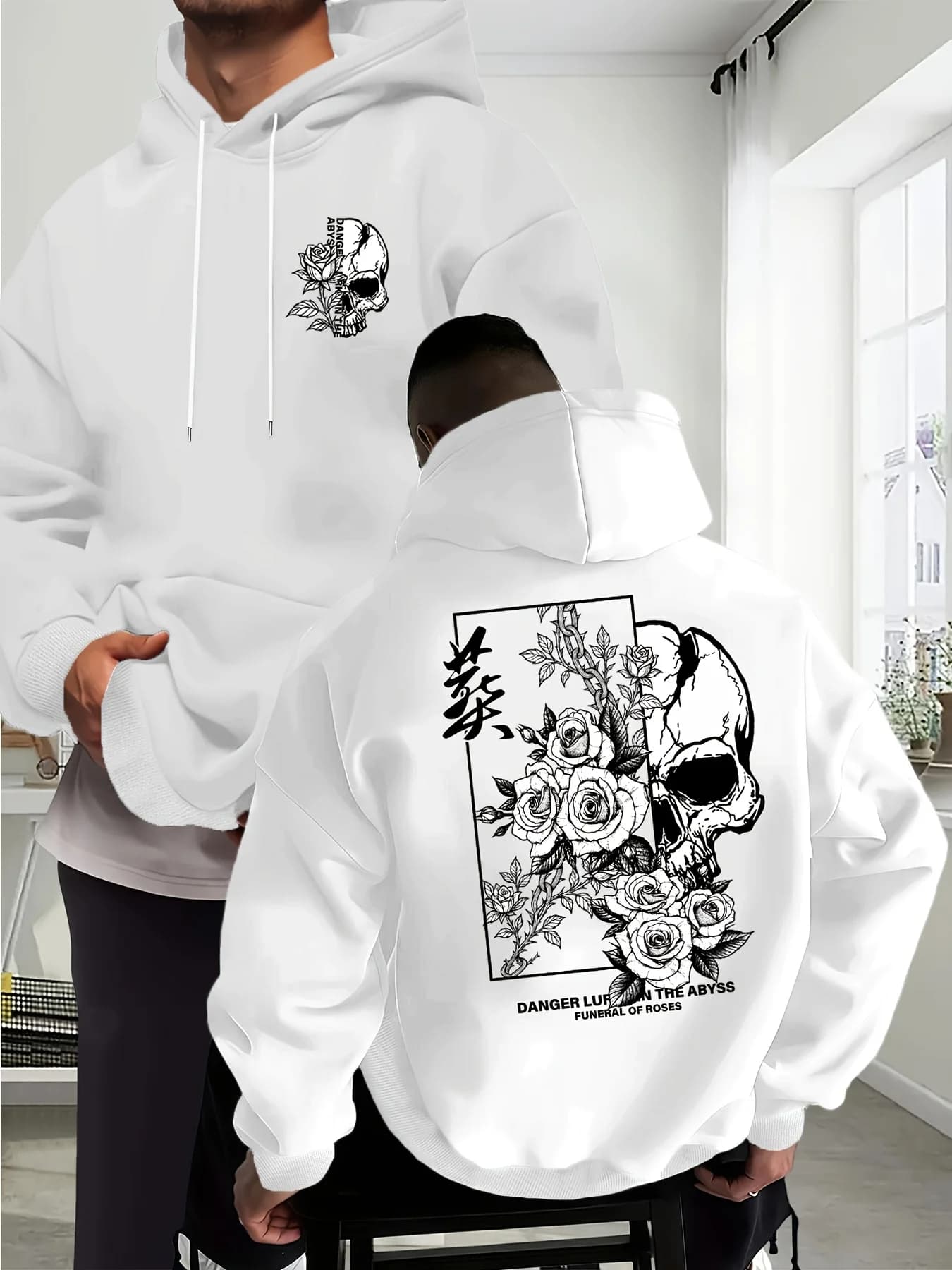 Men's loose-fitting hooded casual jacket, winter/spring modelwithskullpatternsprintedonbothsidessoftandwarmsuitablefordailywear.