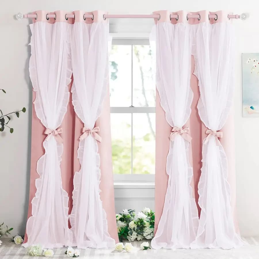 Pink Curtains, Double Layer Curtains with Flake and Overlay Transparent for Girls' Bedroom, Shabby Chic Dark Curtains in Coquette Style