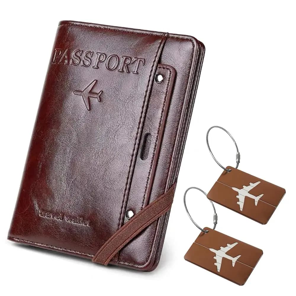 Porta passaporto da viaggio, con 2 etichette per bagagli, custodia per passaporto con blocco RFID per donna e uomo, porta passaporto in pelle PU impermeabile