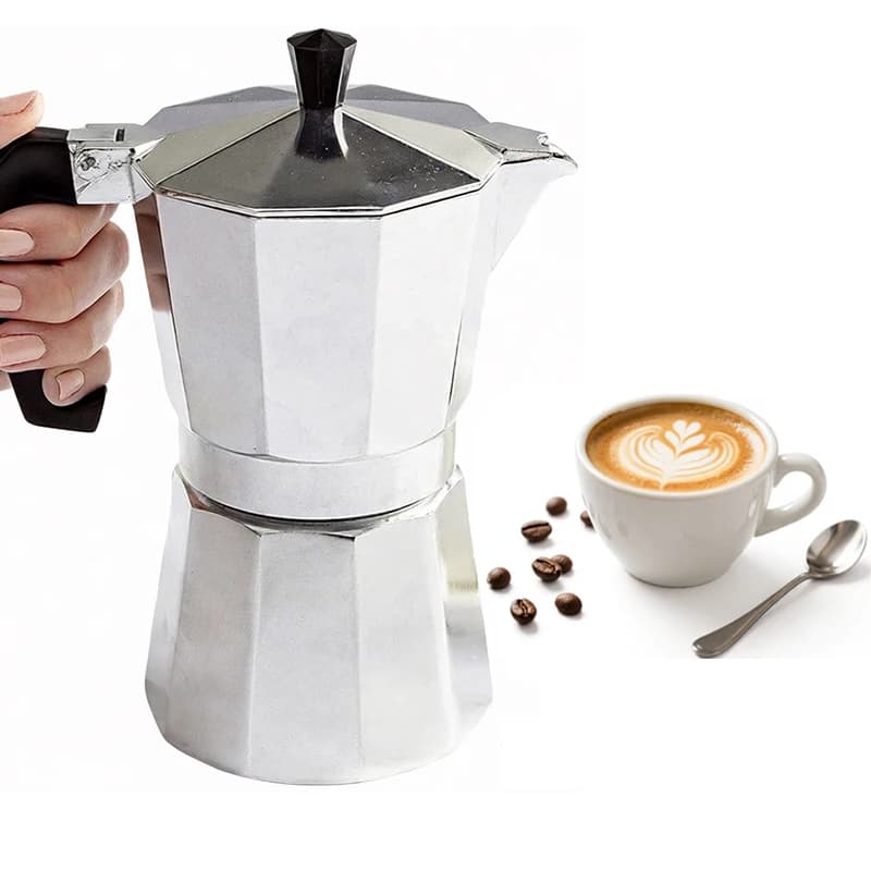 Moka Octagonal Coffee Machine in Silver Aluminum - Italian Espresso Machine for Home, Office, Travel and Use