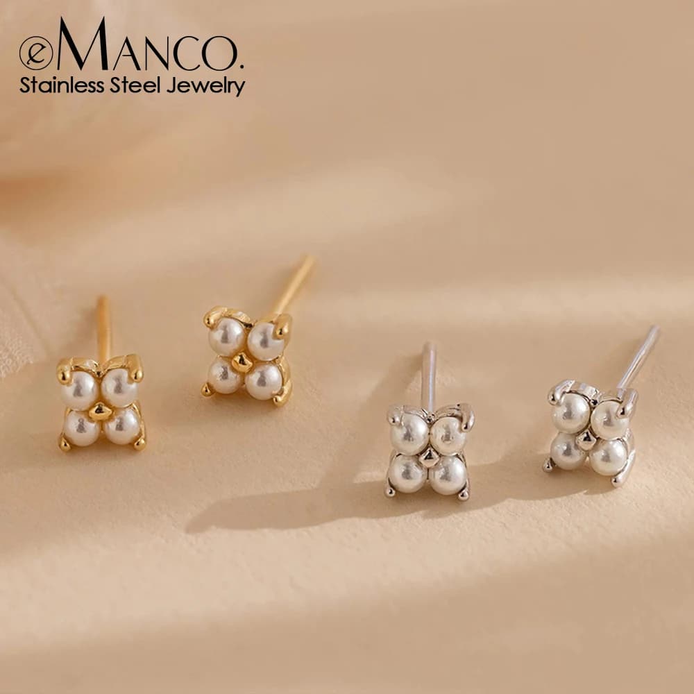 eManco Orecchini a bottone con trifoglio in acciaio inossidabile da 6 mm Orecchini con perle d'imitazione luminose per gioielli alla moda da donna