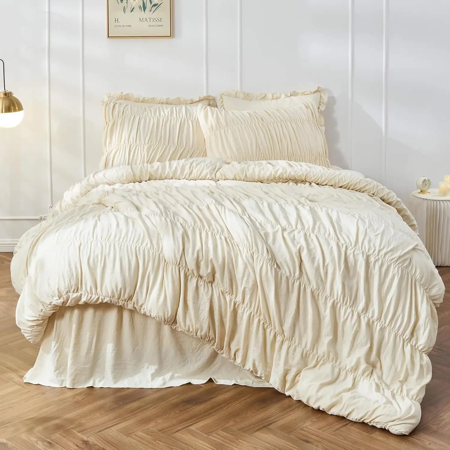 Queen Ruched Comforter Set - Boho Shabby Chic 3 Piece Bedding, Fluffy & Soft, White