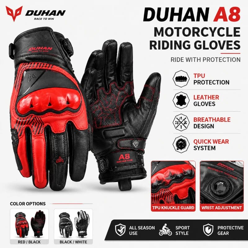 DUHAN A8 Motorcycle Riding Gloves Men Women Leather Protective Gloves TPU Knuckle Guard Breathable Four Season Sport Gloves