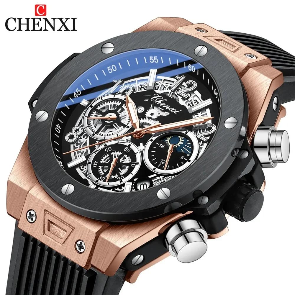 CHENXI Men's Fashion Silicone Chronograph Watch Multifunctional Cool Quartz Luminous Starry Stages Lunar Timekeeping Sports Wrist Watch