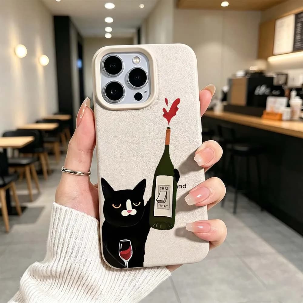Cartoon Cat Red Wine Design For iPhone 17 Air 16 16e 15 14 13 12 11 XS Pro Max Plus Anti-Drop Stylish Soft Cover Phone Case