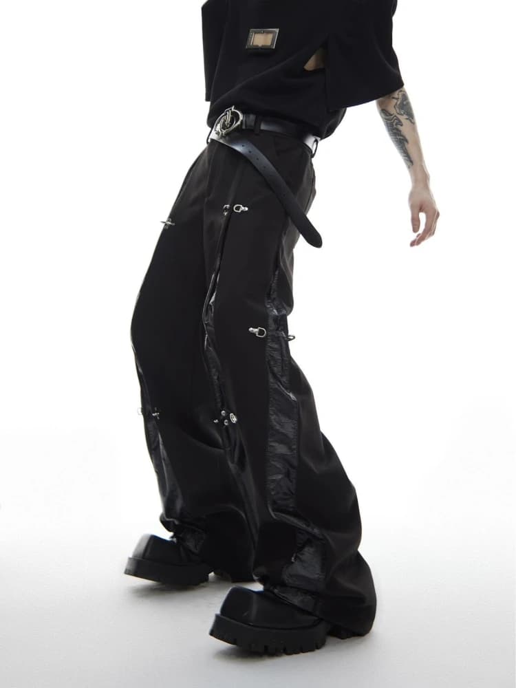 Mens Trousers Harajuku Deconstructed Streetwear Metal Buckle Suit Pants Leather Patchwork Straight Leg Loose Fit Draped Casual