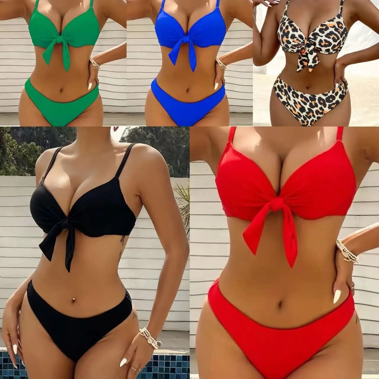 Women's Bikini Swimwear Women Solid Color High Cut Bottom Two Piece Swimsuit Leopard Print Bright Red Swim Bikini Woman Sets