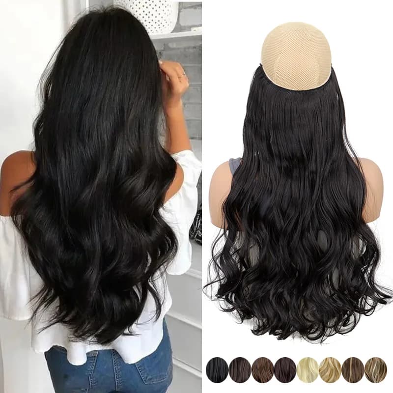 Estensioni dei capelli sintetici monopezzo da 20 pollici senza clip lenza invisibile parrucchino resistente al calore a onda lunga riccia per le donne