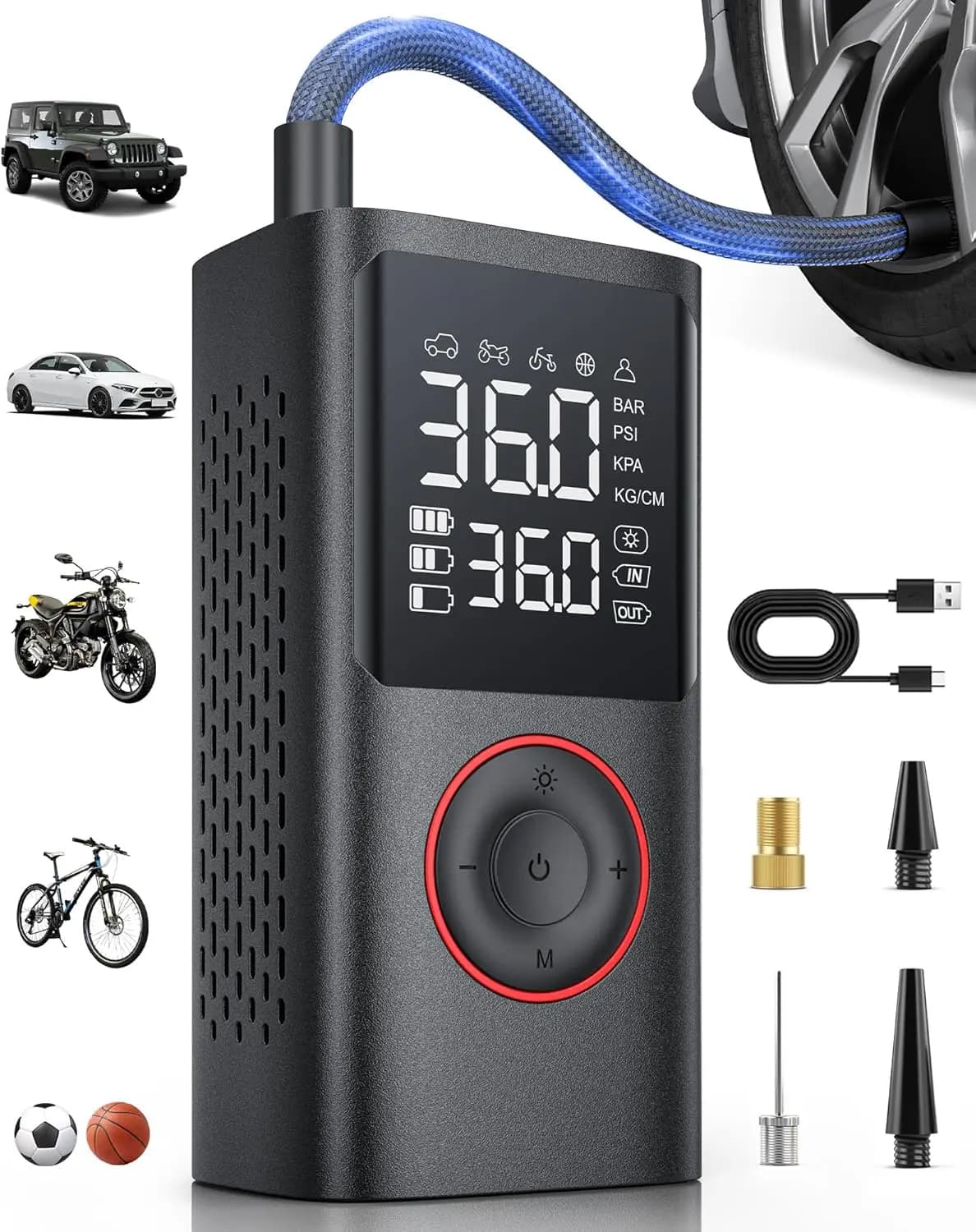 Portable Air Compressor 150 PSI Wireless With Pressure Gauge and LED Light for Auto, Moto, Bicycles and Balls