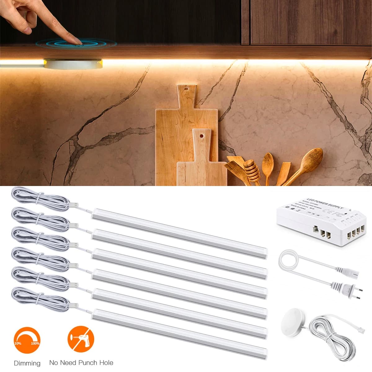 1-6 pezzi da cucina LED sotto l'armadio luce 12V interruttore tattile penetrabile scansione manuale in legno sensore di movimento dimmerabile barra LED lampada da notte EU