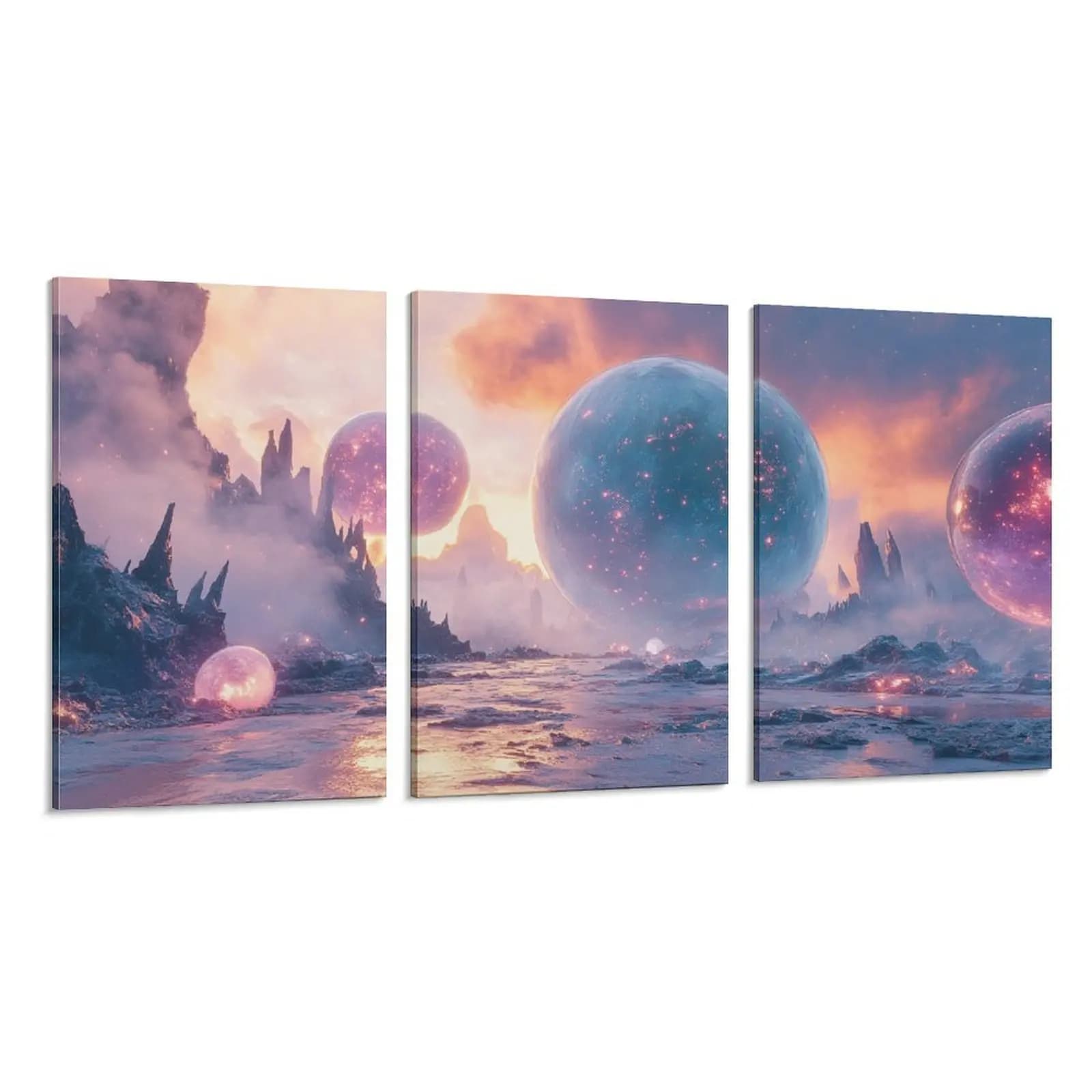 Set of 3 Squares on Framed Canvas, Fantastic Art with Pink Aliens and Gold and Planetary Formations for Bedroom, Living Room, Studio