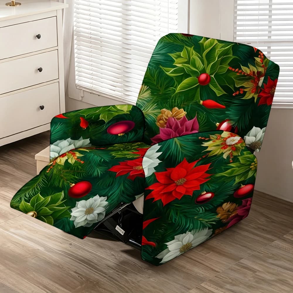 Dark Green Poinsettia Pine Christmas Ball Print Stretch Recliner Chair Cover, Removable Washable Full Wrap Lazy Sofa Slipcover