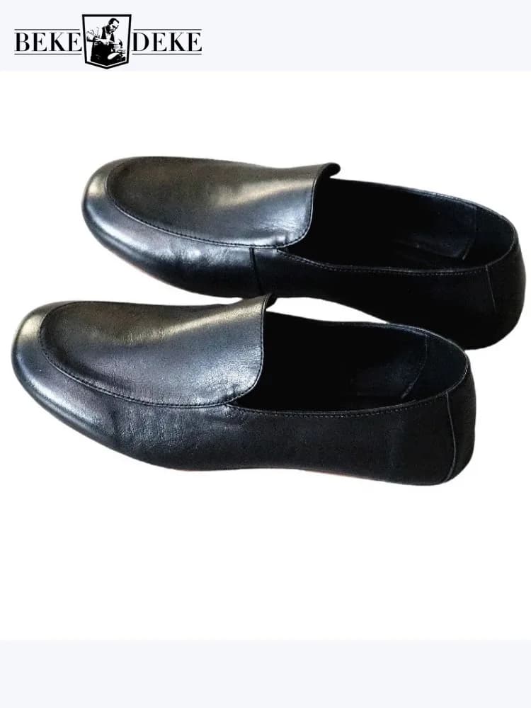 British Style Slip-on Male Black Cowhide Shoes Breathable Real Leather Soft Soled Loafers Mens Comfortable Leisure Footwear