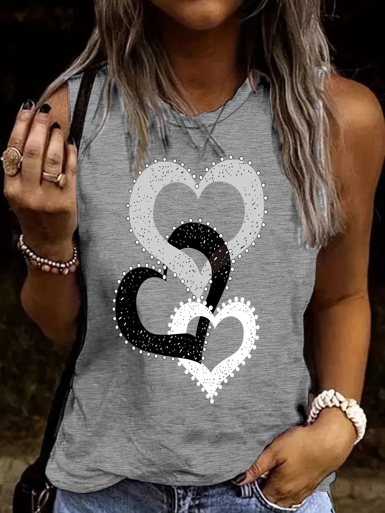 Women's Summer Casual Loose Three Heart One Piece Print Sleeveless Tank Top T-shirt
