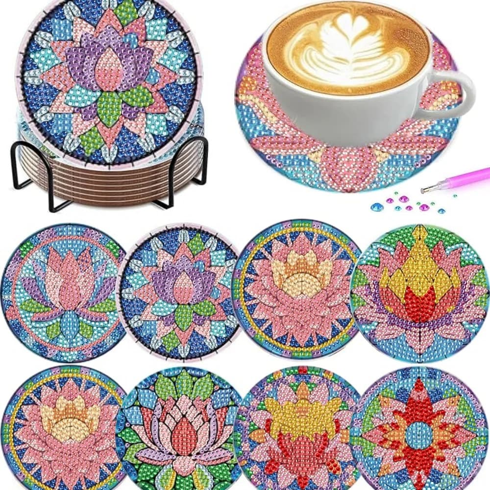 Set di 8 sottobicchieri con decorazioni in diamanti e supporti, sottobicchieri fai-da-te con motivo a loto, adatti sia per adulti che per bambini.
