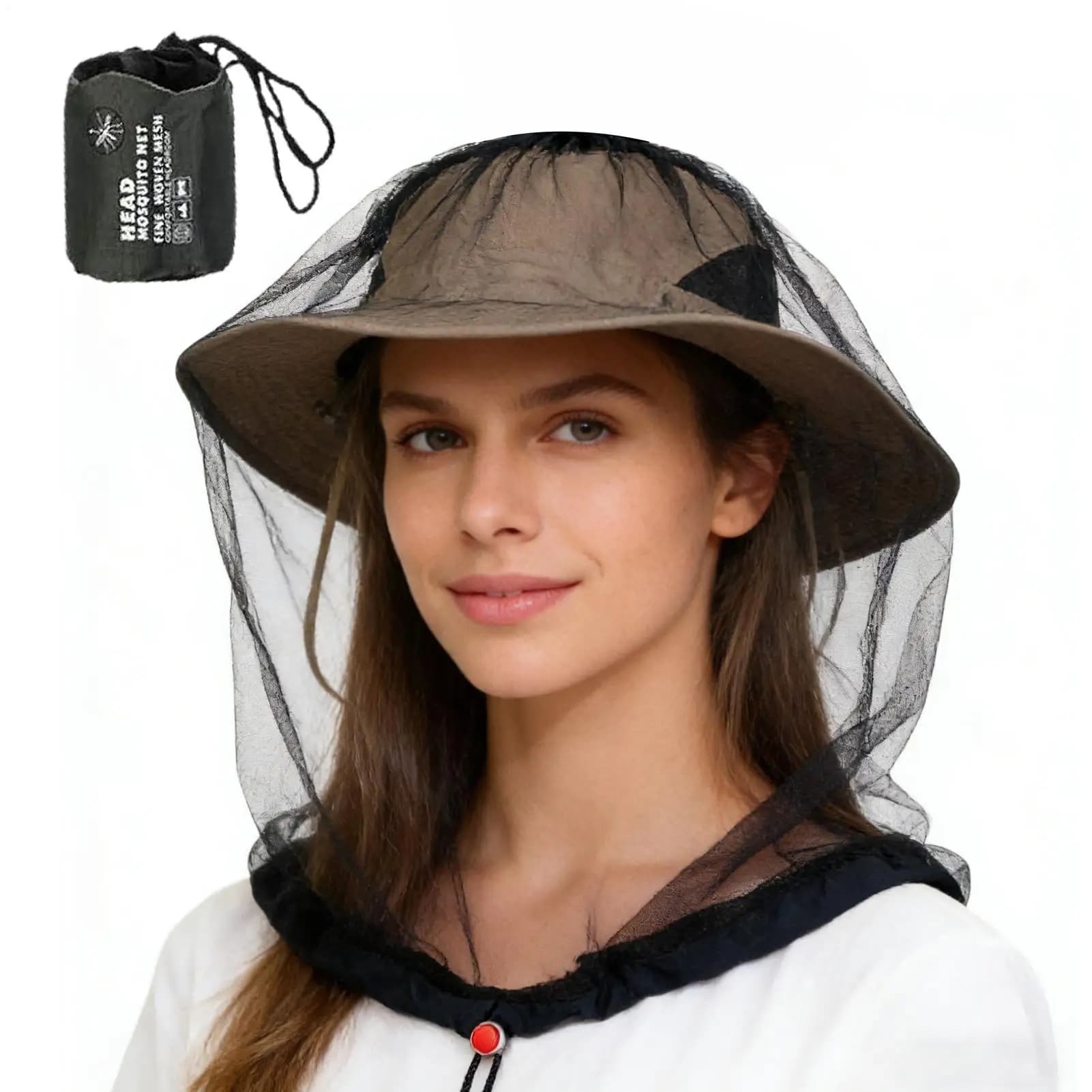 Rete antimosche traspirante con coulisse, cappello con rete antimosche a maglia fine per pesca, campeggio ed escursionismo, lunghezza extra per proteggere il collo